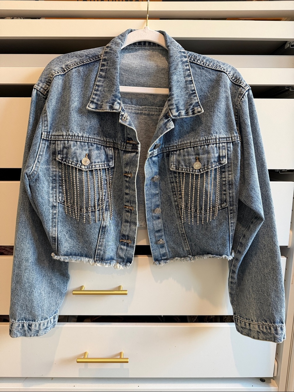 Denim Cropped Jacket with Rhinestone Fringe - Light Blue
